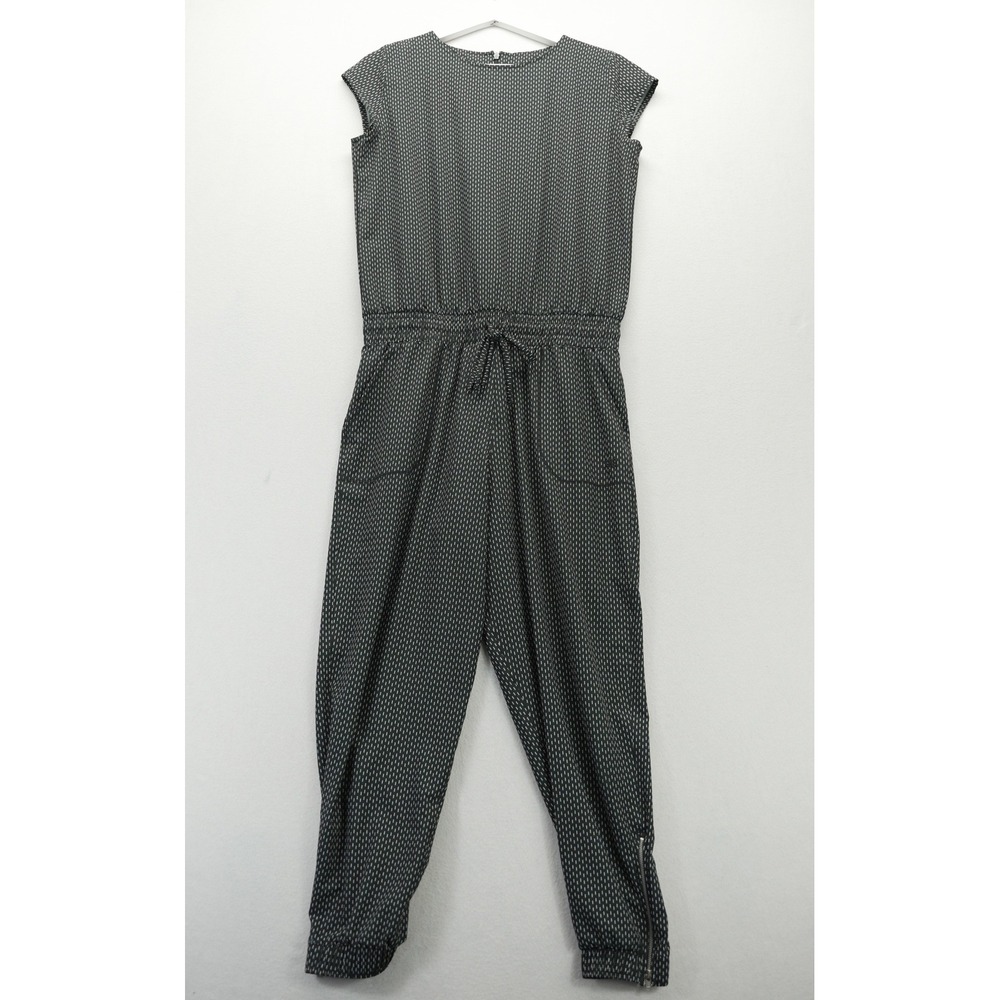 Albion Fit Jetsetter Jumpsuit Womens S Black White Dash Print Ankle Zip Pockets
